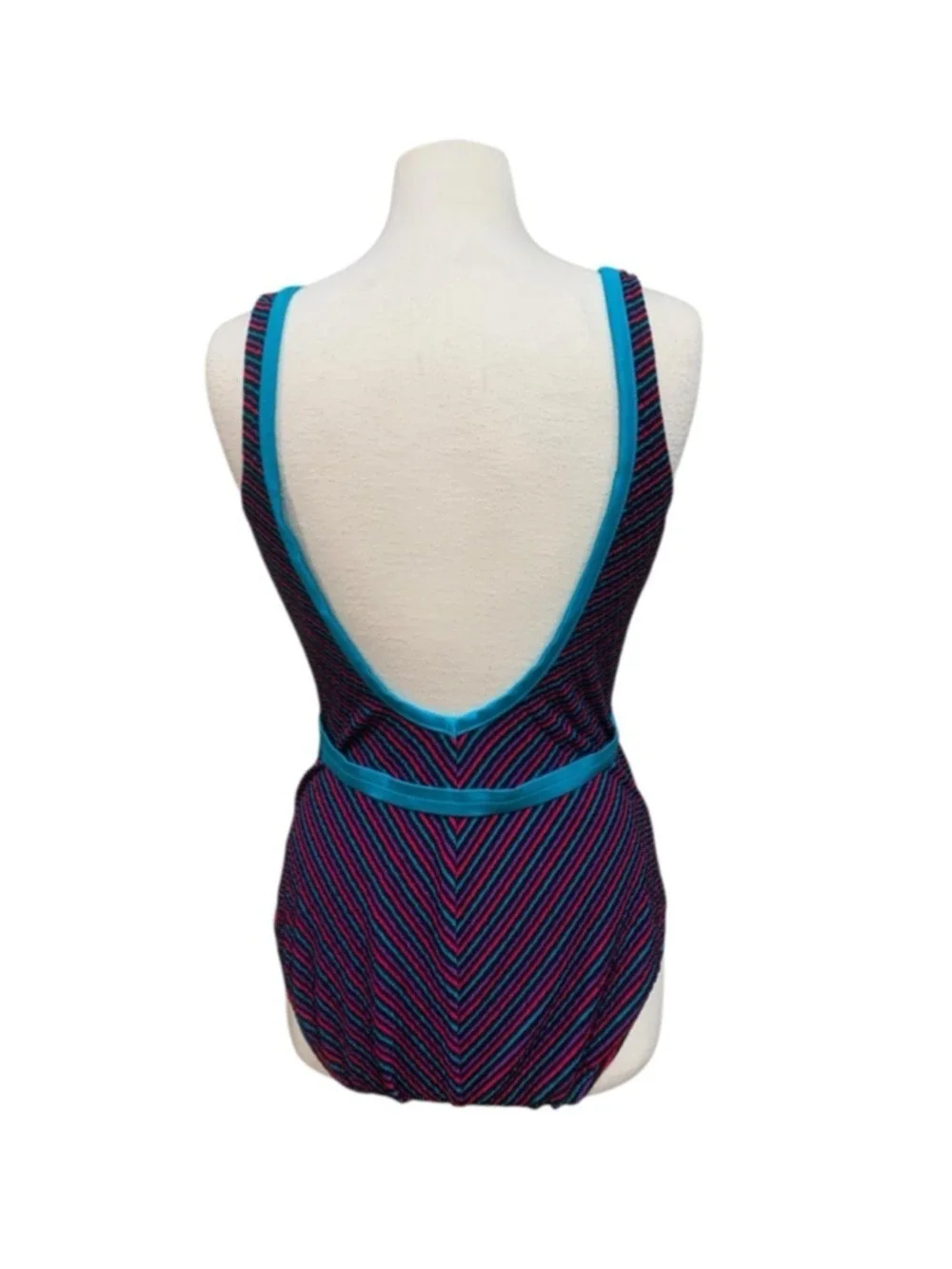 Vntg 80’s Women's Robby Len One Piece Swimsuit Size 16 Pink Blue Striped Volup